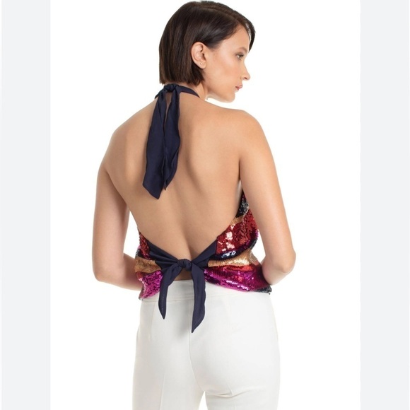 Trina Turk Tamika Sequin Open Back Halter Top Sz Small Chic Party Colorful Date - Picture 2 of 11